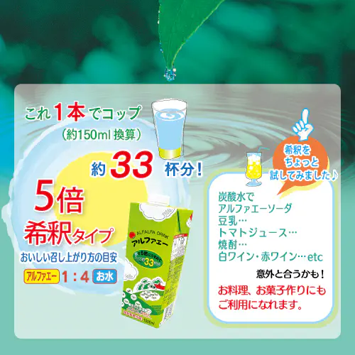 アイスター商事「アルファエー希釈タイプ」の説明：これ1本でコップ約33杯分！5倍希釈タイプ。おいしい召し上がり方の目安はアルファエー1：お水4の割合。
アルファエー希釈タイプは、気分に合わせて濃さを変えたり、お水で希釈する以外に、炭酸水や焼酎などでもお楽しみいただけ、アレンジはあなた次第で無限に広がります。