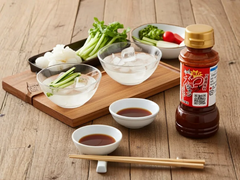アイスター商事の「強力（きょうりょく）和ジャン（わじゃん）」の商品画像。透明な容器に赤茶色の醤（じゃん）、中央に商品ラベル、金色のキャップを使用した容器。和ジャンの利用シーンの広さを紹介する盛付けイメージの画像。